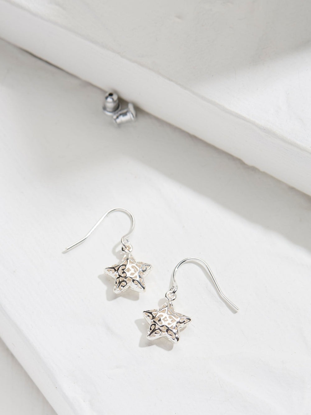Silver Tone Filagree Star Drop Earrings