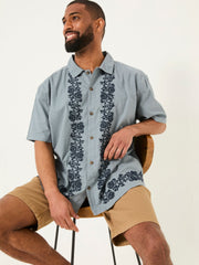 Blue Short Sleeve Embroidered Floral 100% Cotton Shirt