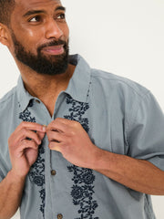 Blue Short Sleeve Embroidered Floral 100% Cotton Shirt