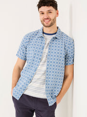 Blue Short Sleeve Embroidered Geo 100% Cotton Shirt