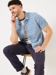 Blue Short Sleeve Embroidered Geo 100% Cotton Shirt