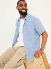 Blue Short Sleeve Micro Linen Check 100% Linen Shirt