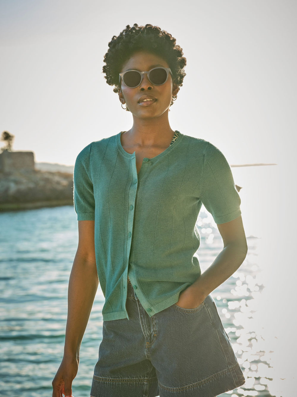 Lili Teal Blue Laundered Short Sleeve Cardigan