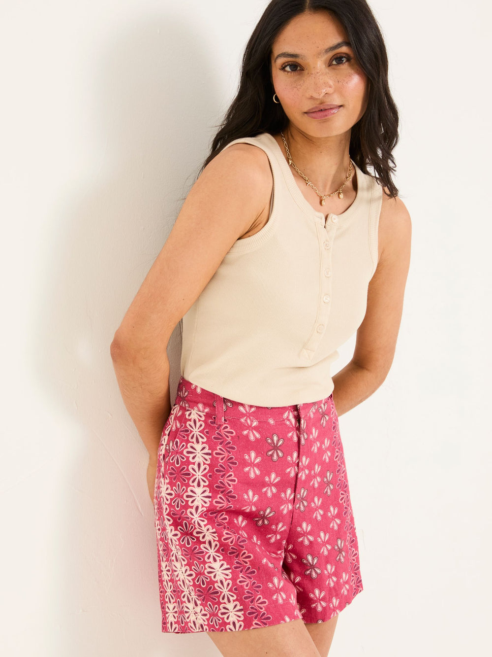 Nell Dark Pink Earth Geo Linen Blend Shorts