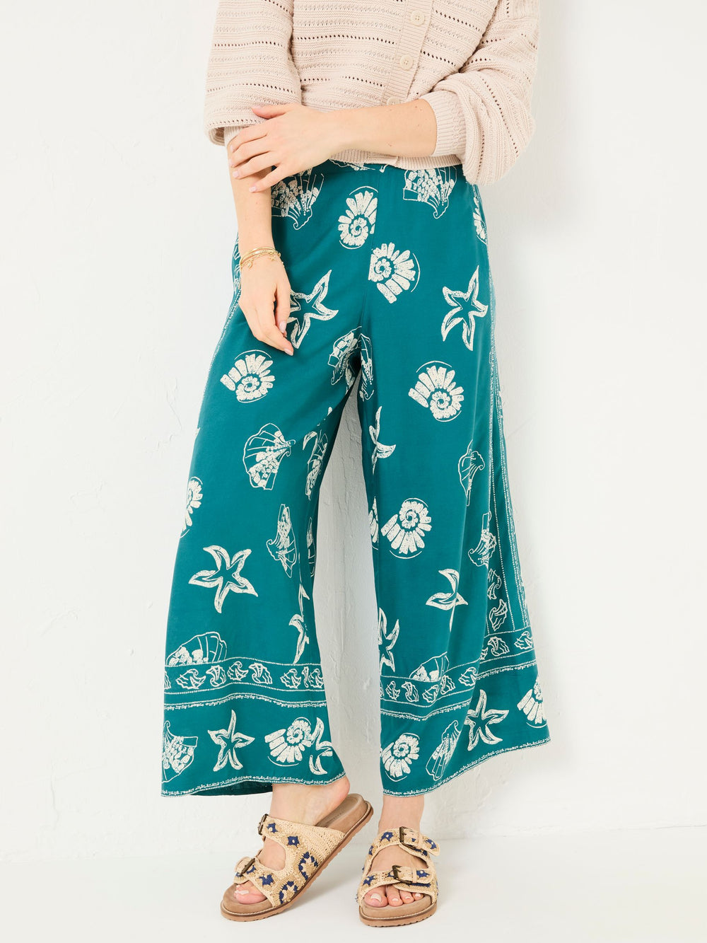Eliza Teal Blue Lino Shell Cropped Trousers