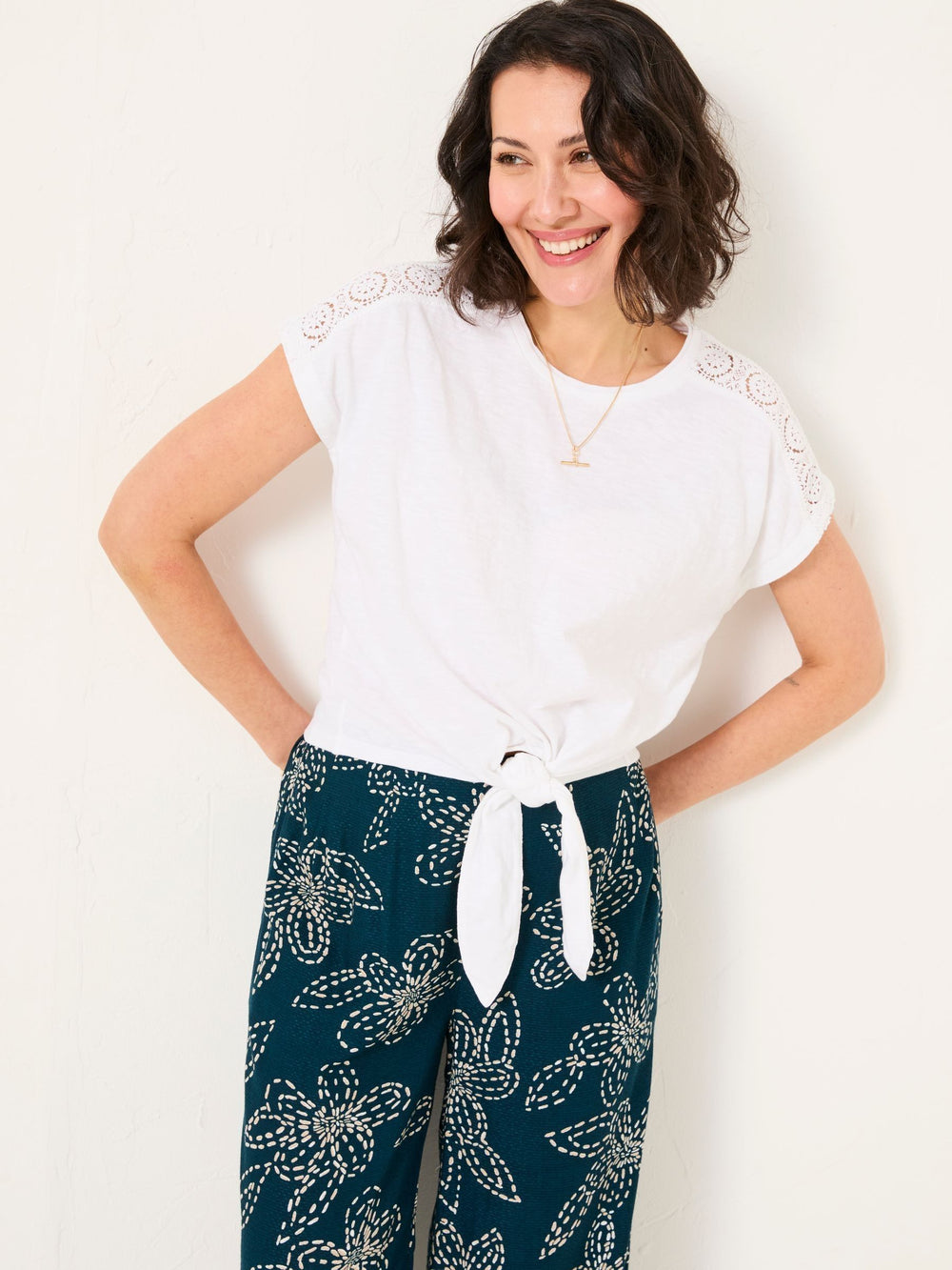 White Lace Tie Front T Shirt