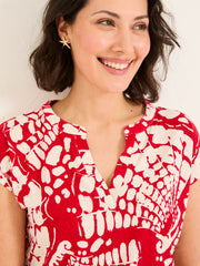 Red Mono Shells Linen Blend Notch Neck Top