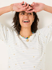 Maddie Ivory Embroidered Stripe T Shirt