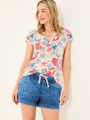 Ivory Sea Scene Linen Blend Notch Neck Top
