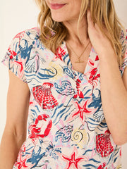 Ivory Sea Scene Linen Blend Notch Neck Top