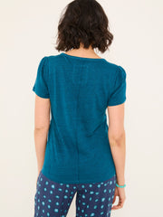 Lena Dark Teal Linen Henley Top