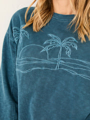 Gia Dark Teal Blue Embroidered Graphic Crew Sweatshirt