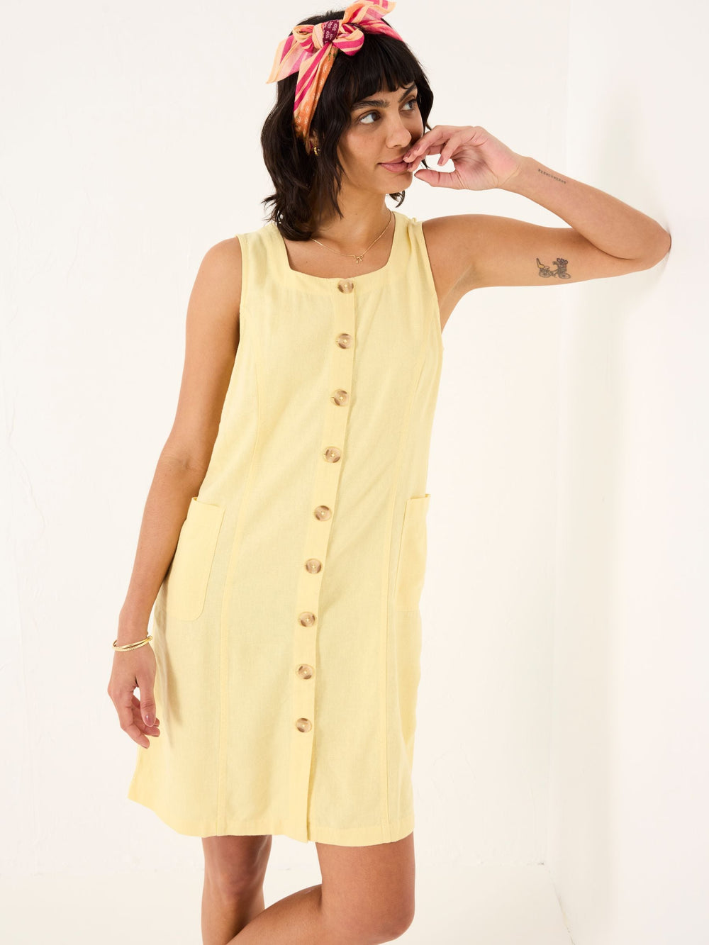 Binny Light Yellow Button Linen Dress
