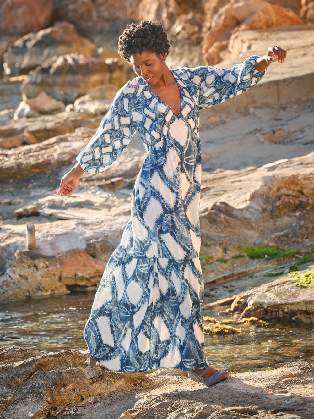 Noelle Indigo Blue Water Leaf Maxi Dress