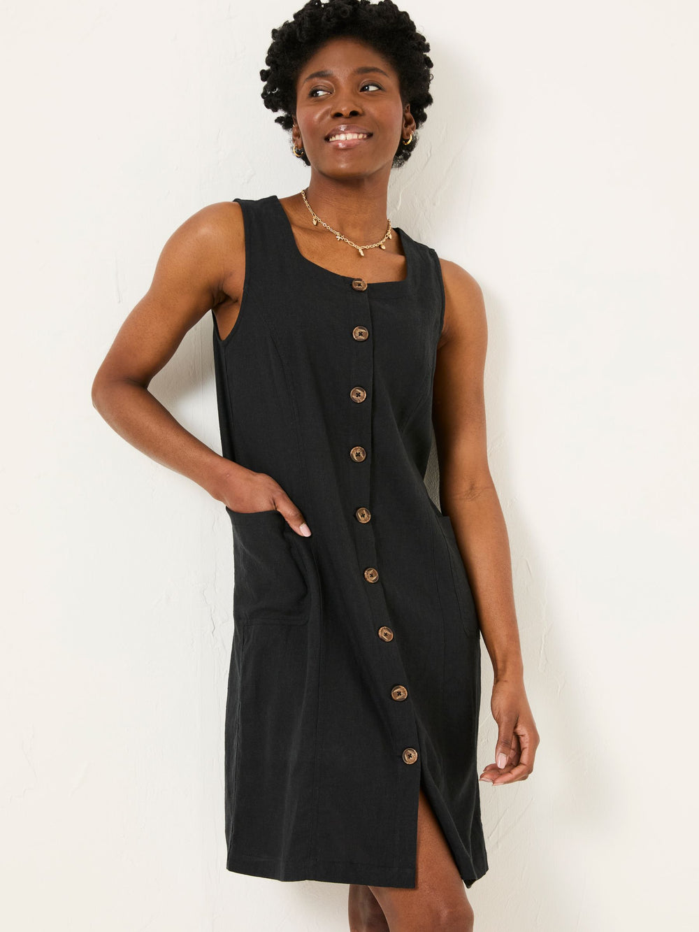 Binny Black Button Linen Dress