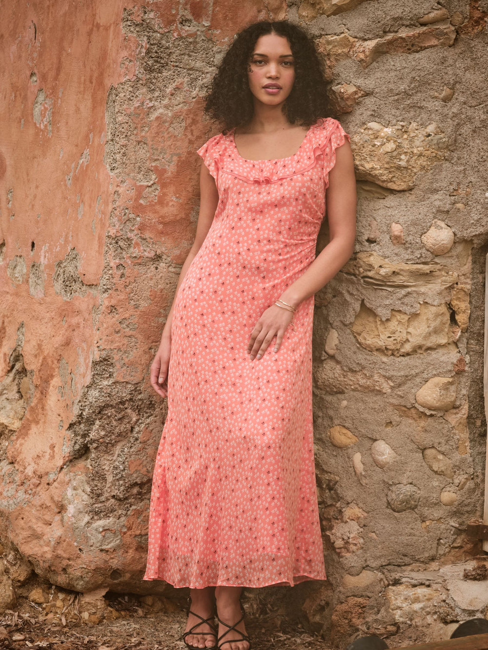 Sloane Coral Pink Scoop Neck Printed Dress