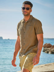 Khaki Green Short Sleeve Swirl Embroidered Shirt