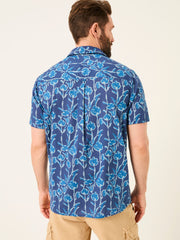 Blue Short Sleeve Sprig Print 100% Cotton Shirt