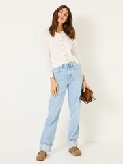 Rose White Crew Neck Cardigan