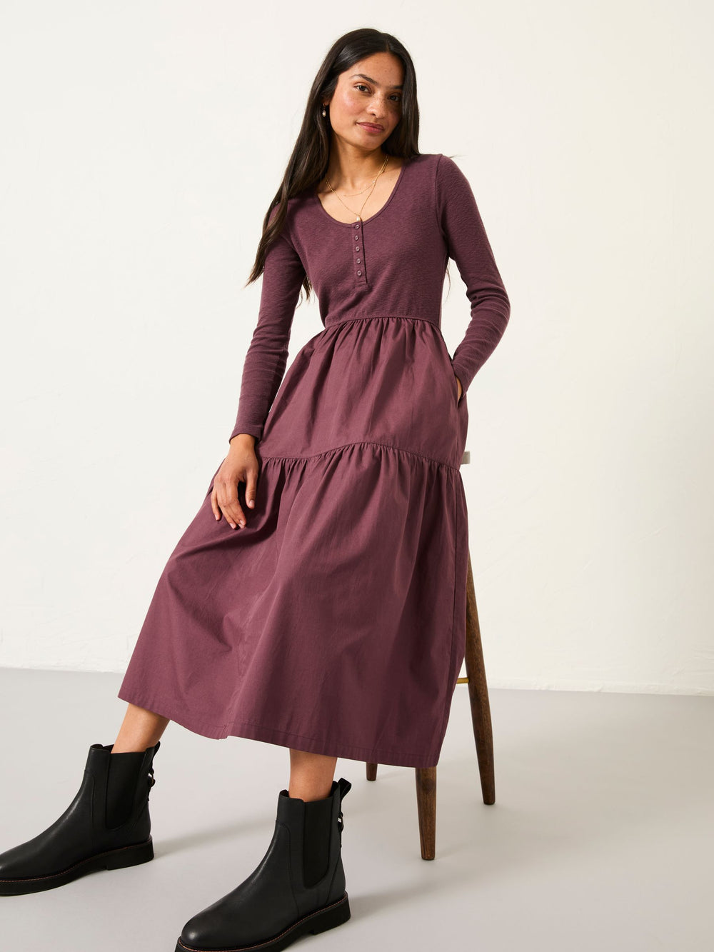 Louise Dusky Purple Regular Jersey Woven Midi Dress