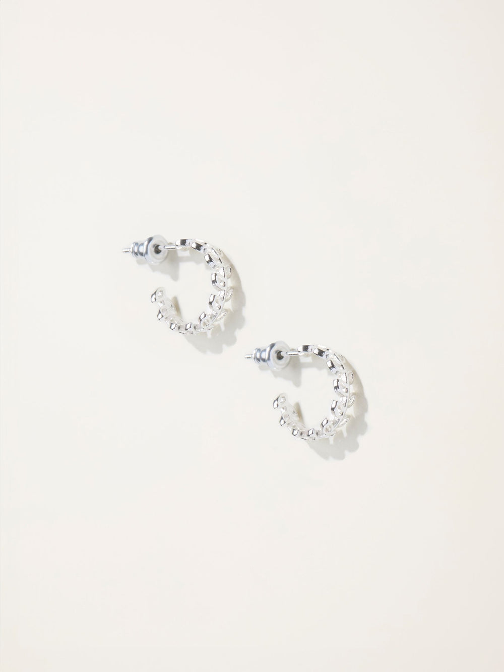 Silver Tone Leaf Huggie Earrings