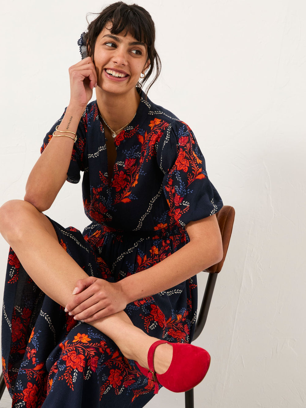 Becky Navy Folk Floral Petite Midi Dress