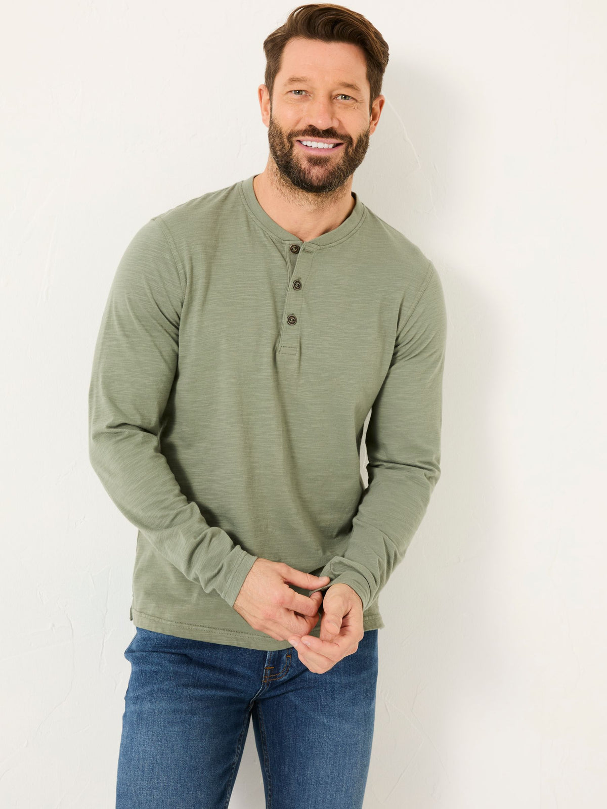 Woodside Dusky Green Long Sleeve Henley T Shirt