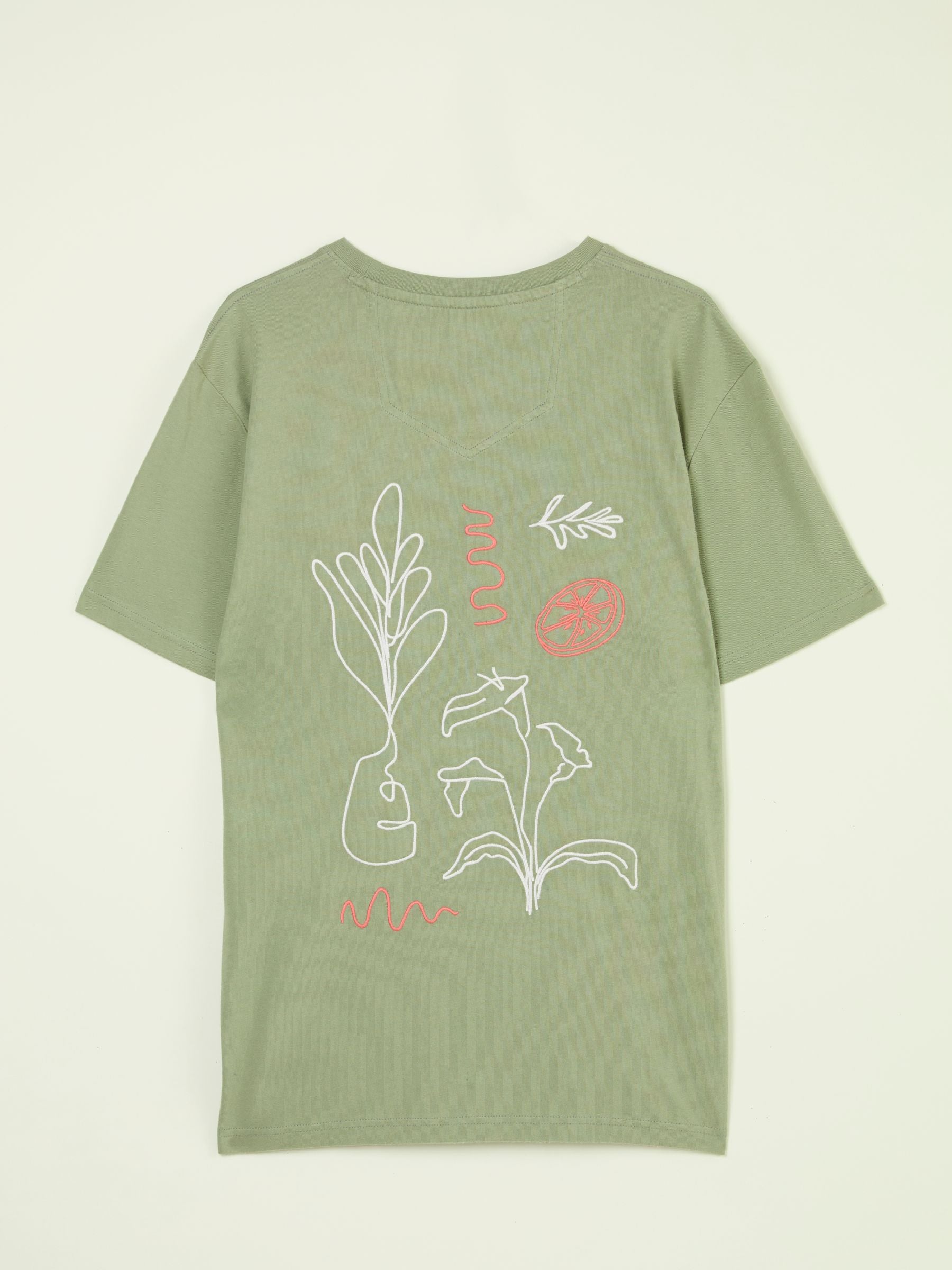 Light Green Embroidered Abstract Plants 100% Cotton T-Shirt