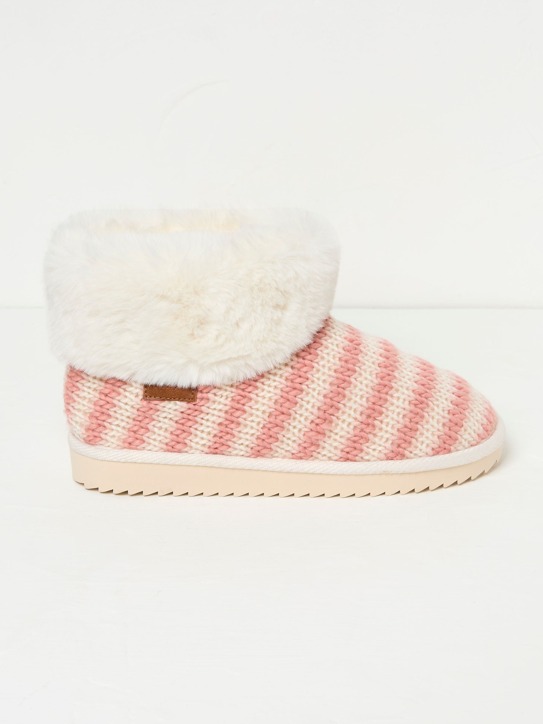 Pink Faux Fur Cuff Knitted Slipper Boots