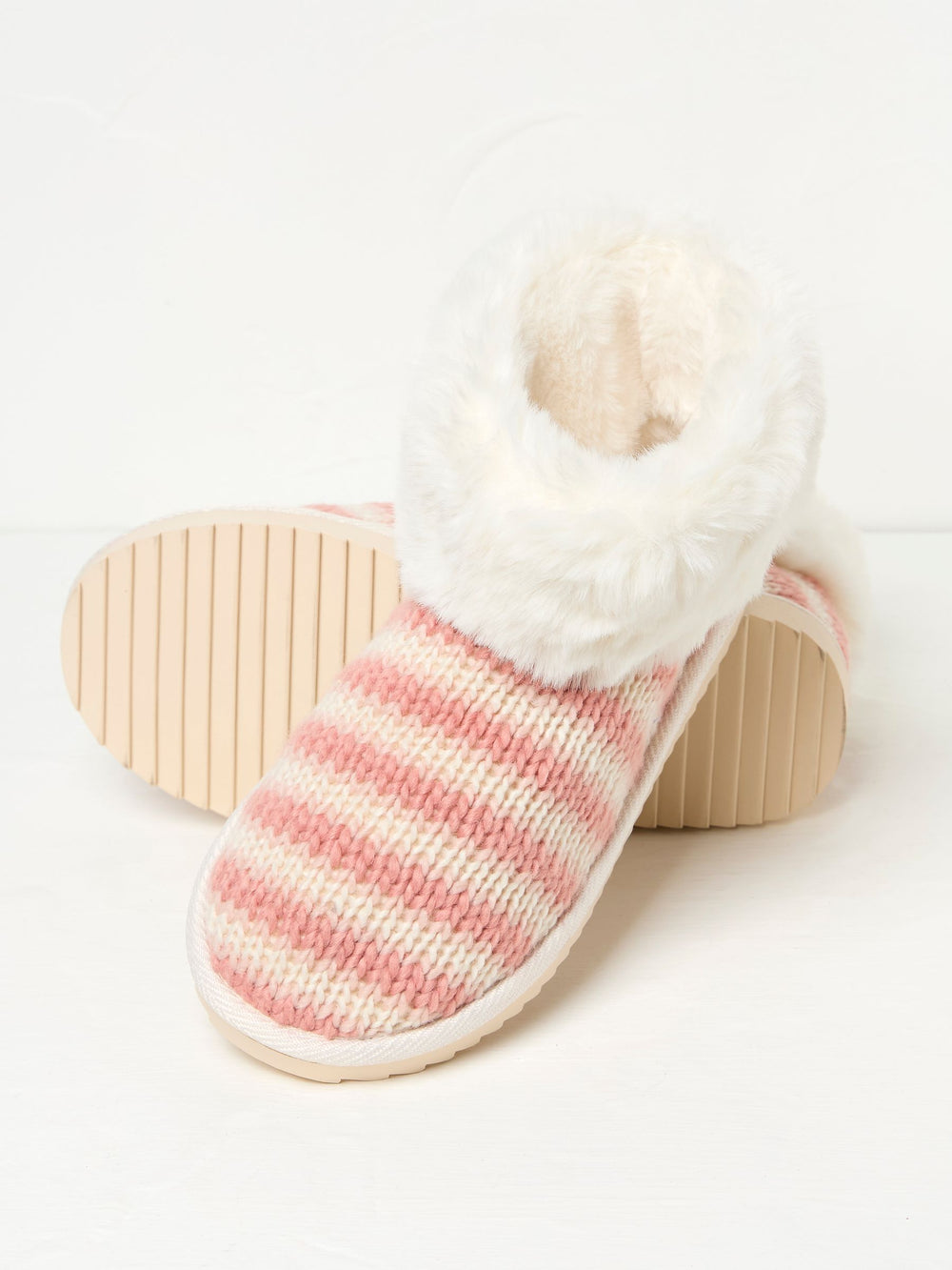 Pink Faux Fur Cuff Knitted Slipper Boots