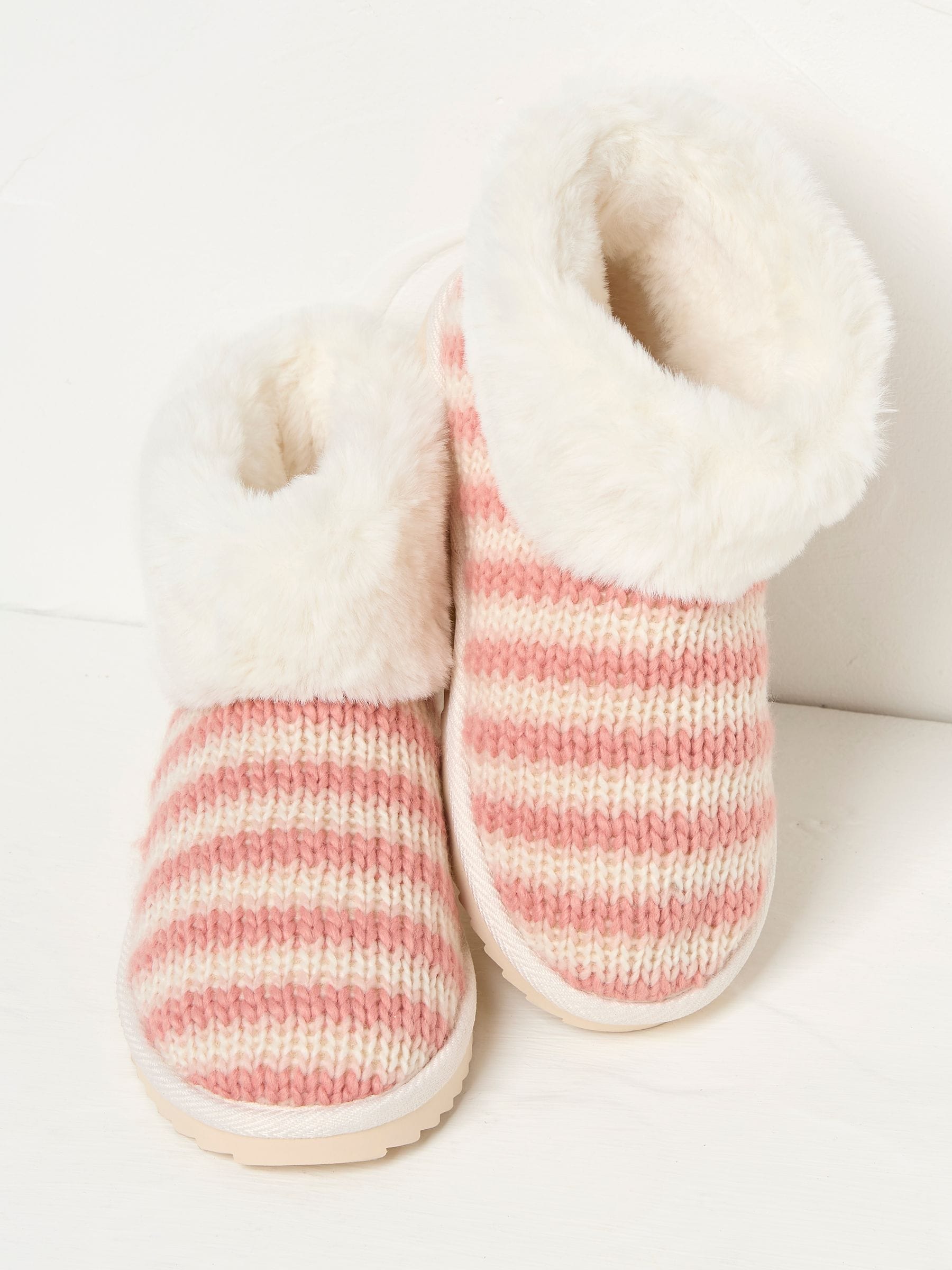 Pink Faux Fur Cuff Knitted Slipper Boots