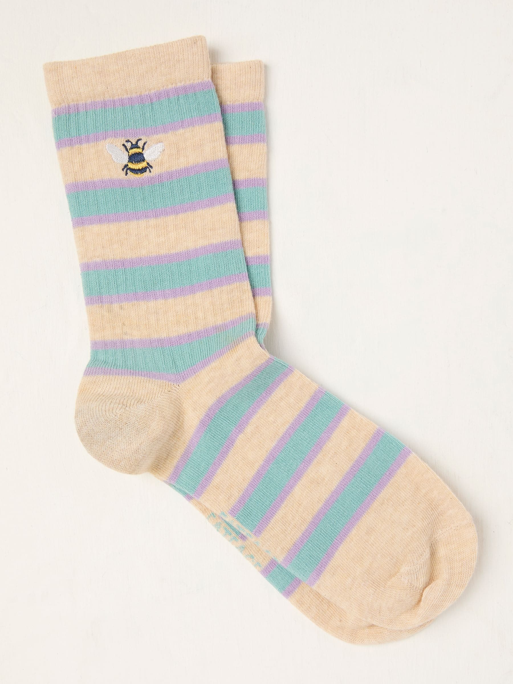 Oatmeal Embroidered Bee Socks