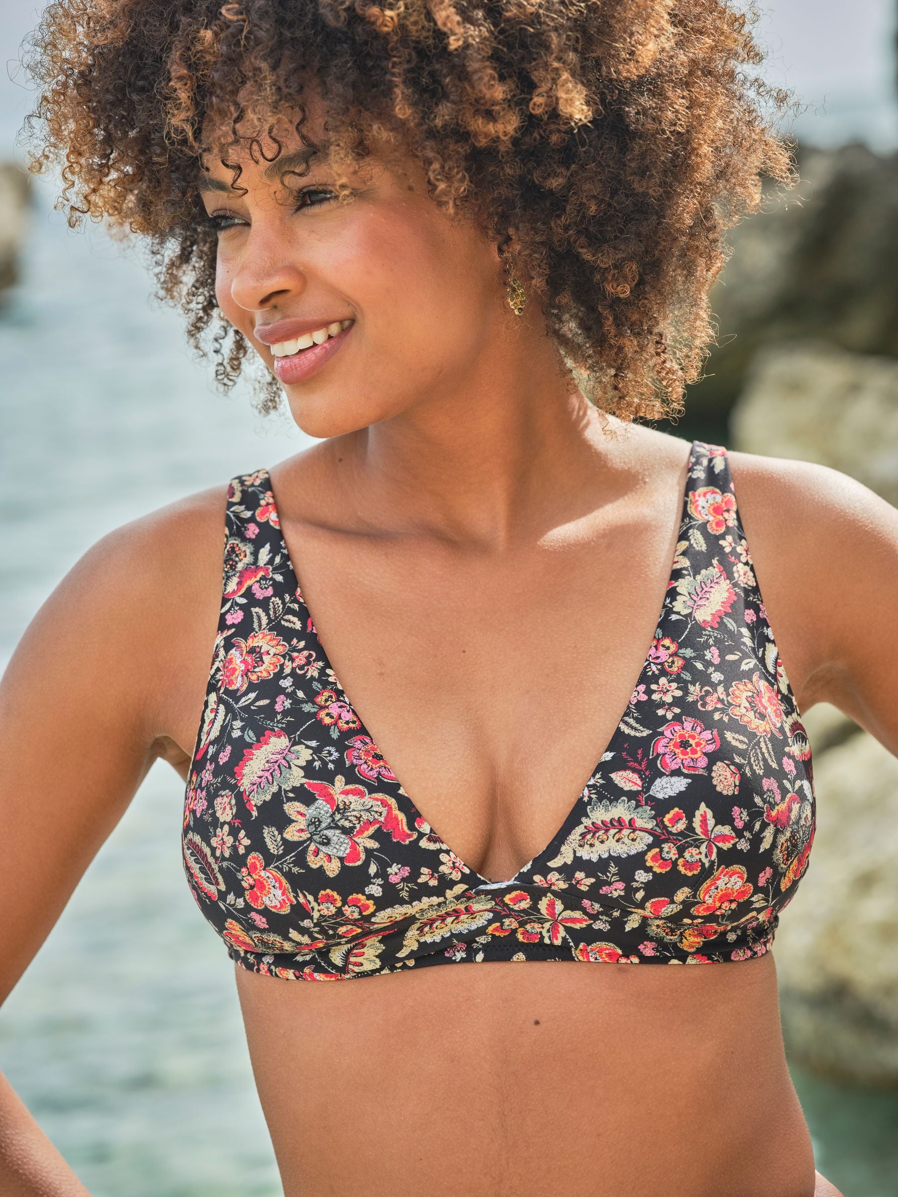 Black Historical Floral Bikini Top