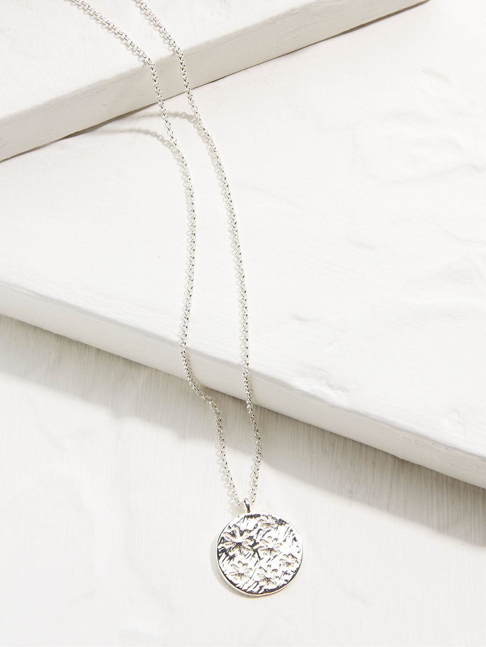 Silver Tone Flower Embossed Pendant Necklace
