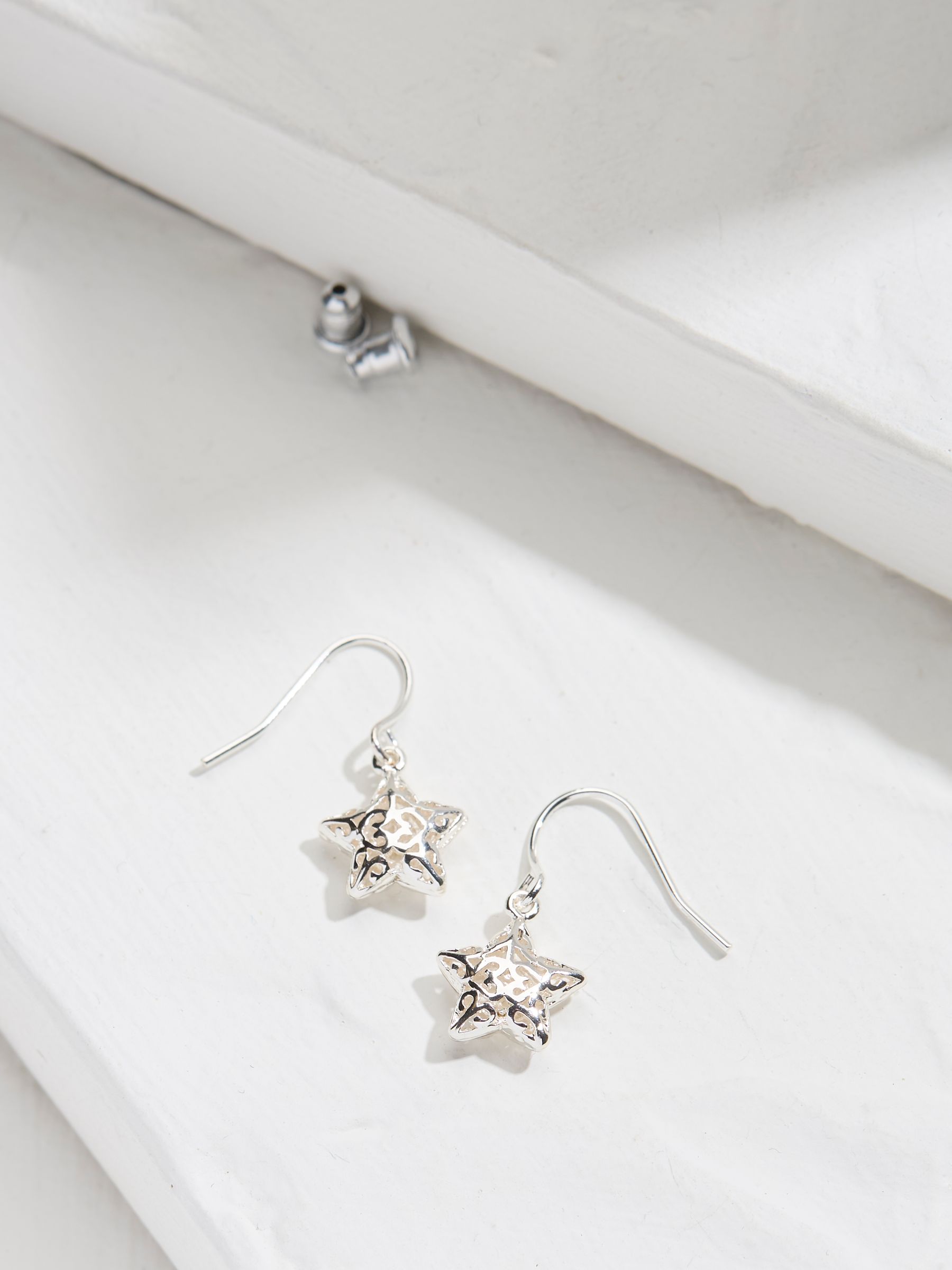 Silver Tone Filagree Star Drop Earrings