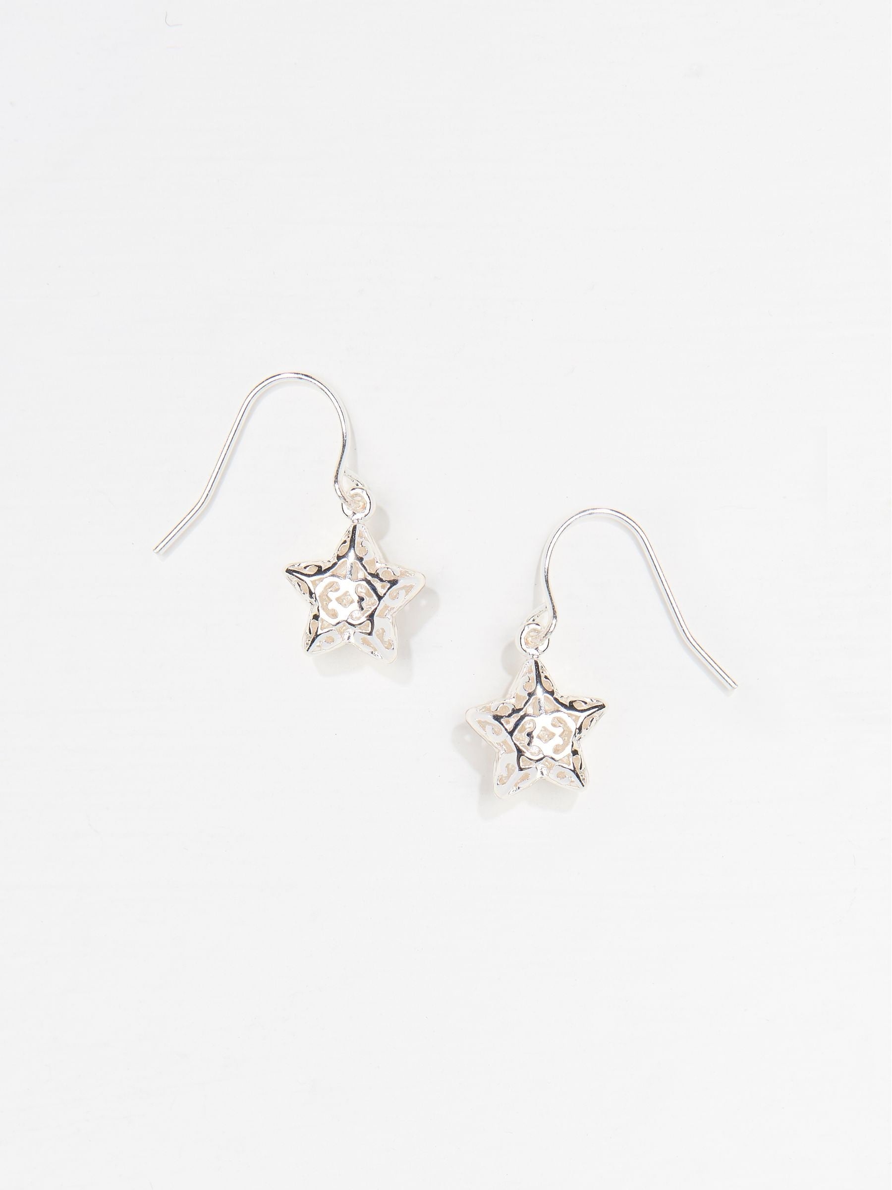 Silver Tone Filagree Star Drop Earrings