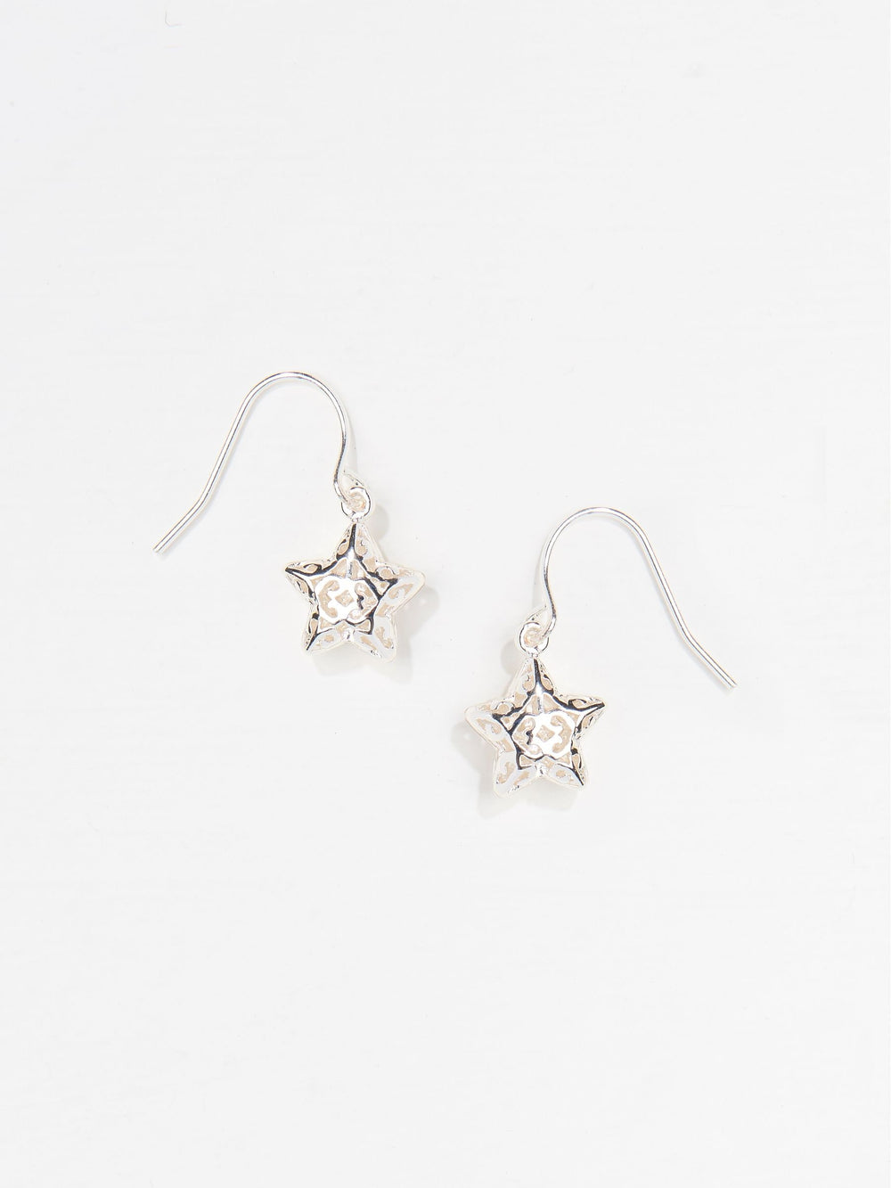 Silver Tone Filagree Star Drop Earrings