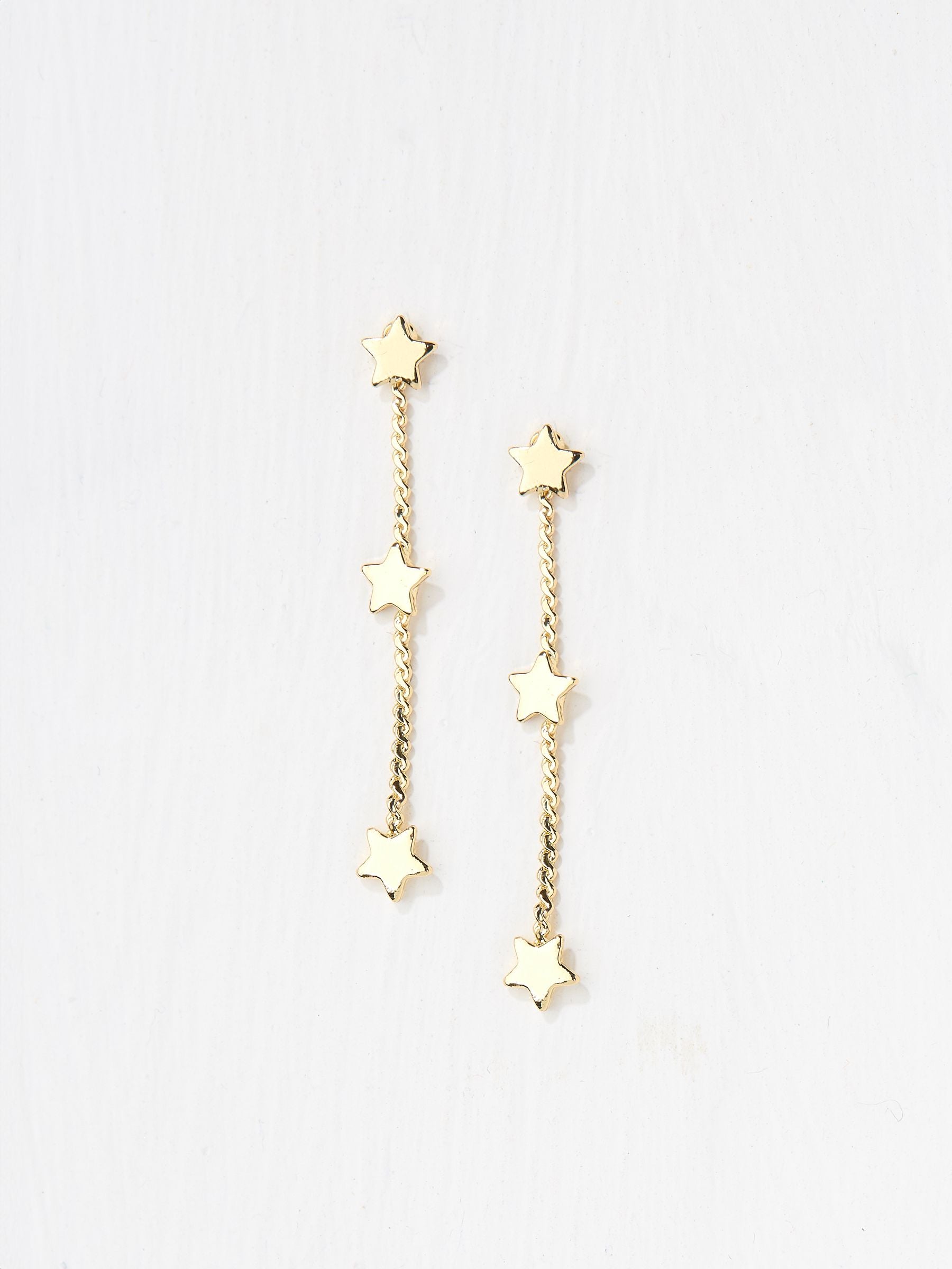 Gold Tone Triple Star Chain Earrings