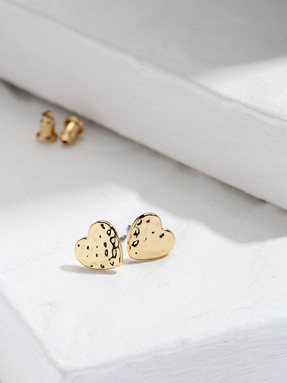 Gold Tone Hammered Heart Stud Earrings