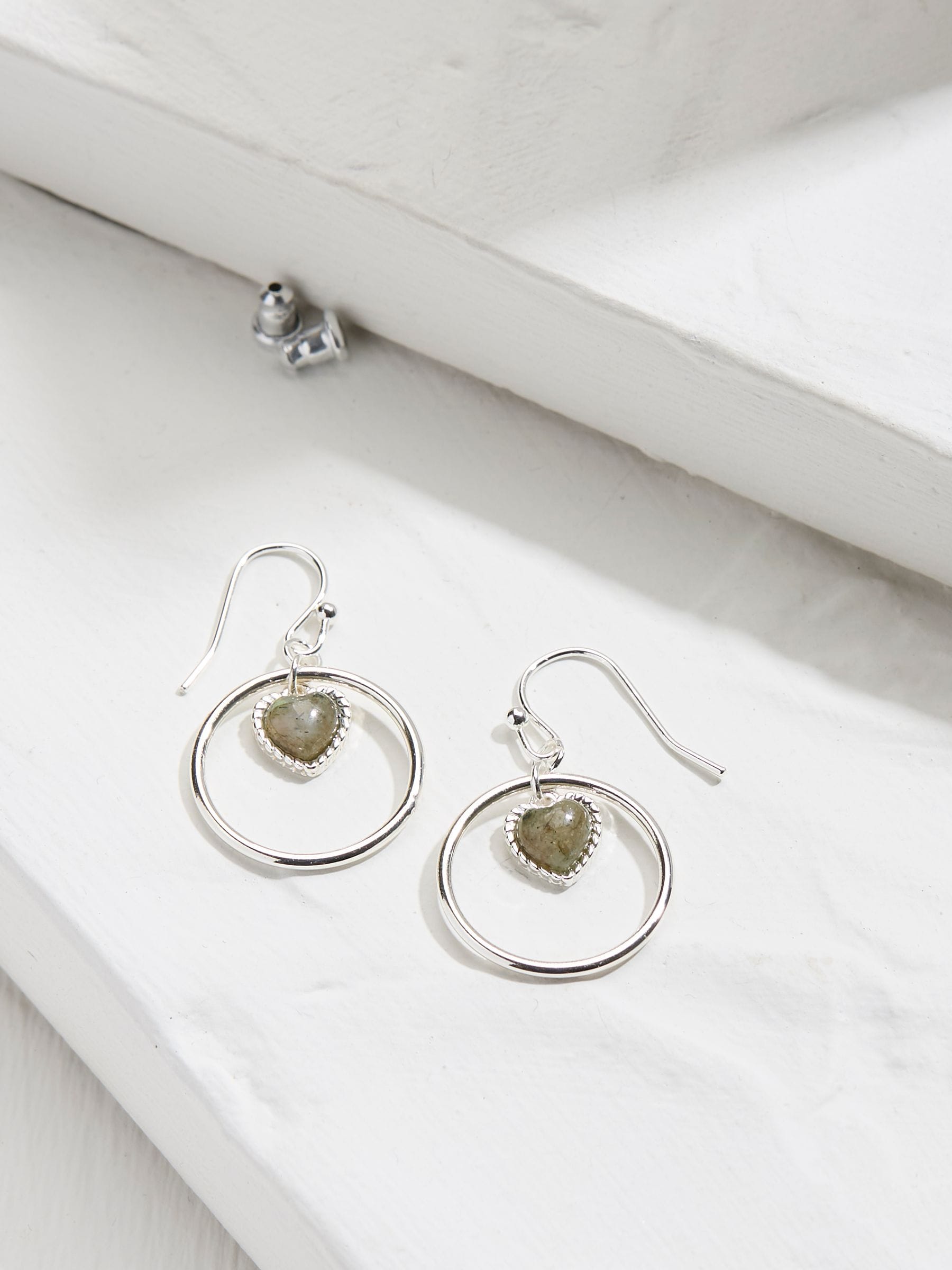 Silver Tone Heart Stone Drop Earrings
