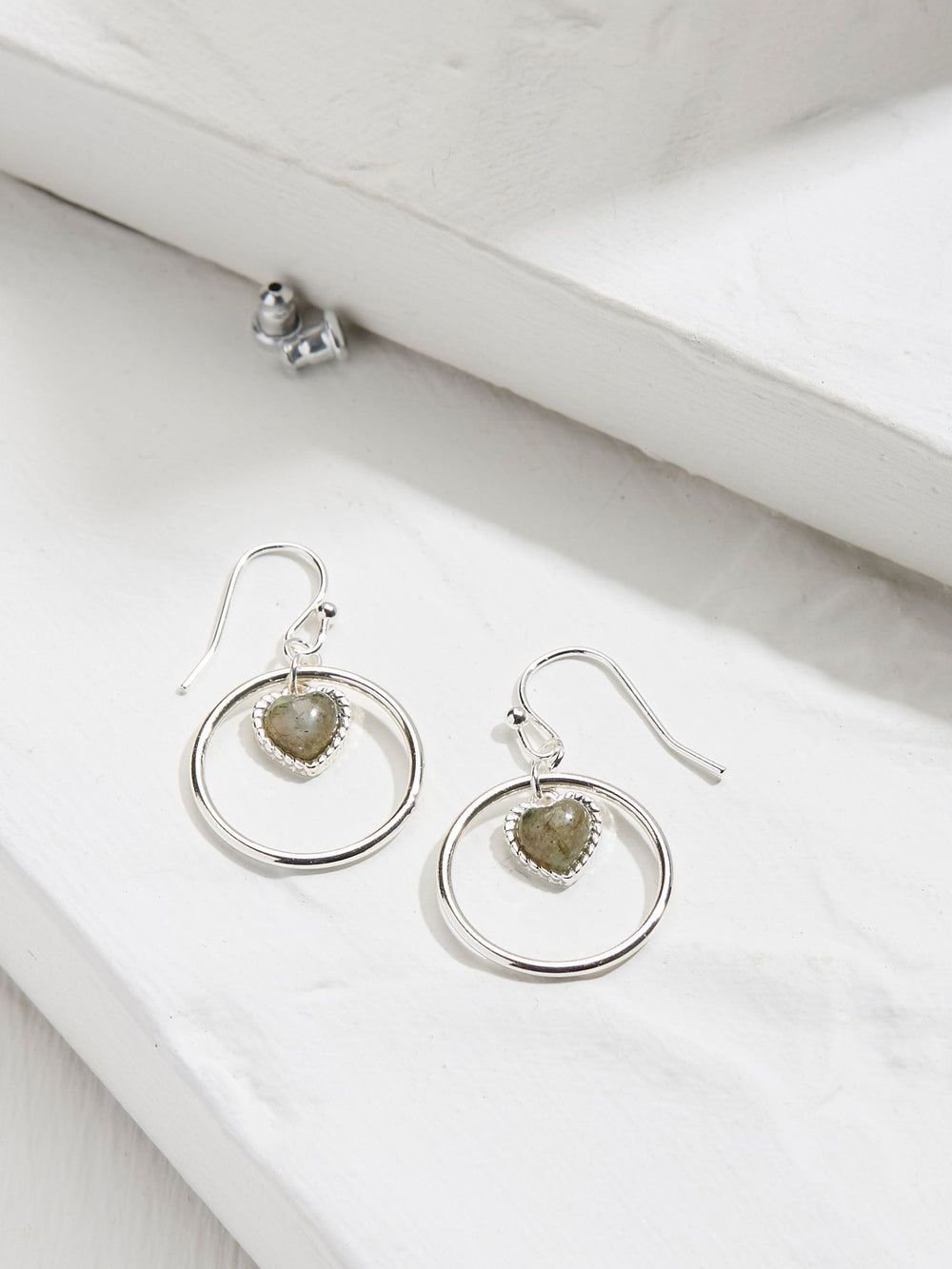 Silver Tone Heart Stone Drop Earrings