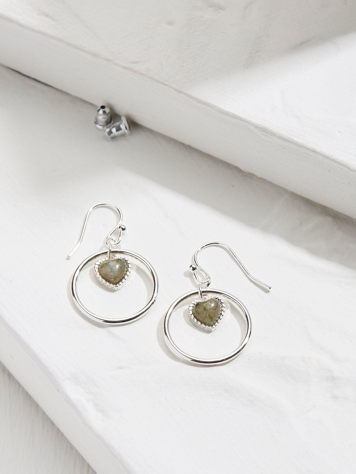 Silver Tone Heart Stone Drop Earrings