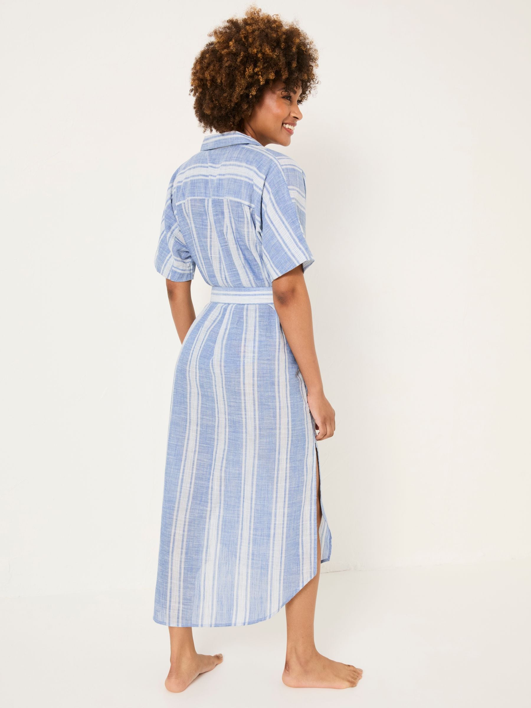 Blue Beachwear 100% Cotton Stripe Maxi Shirt Dress