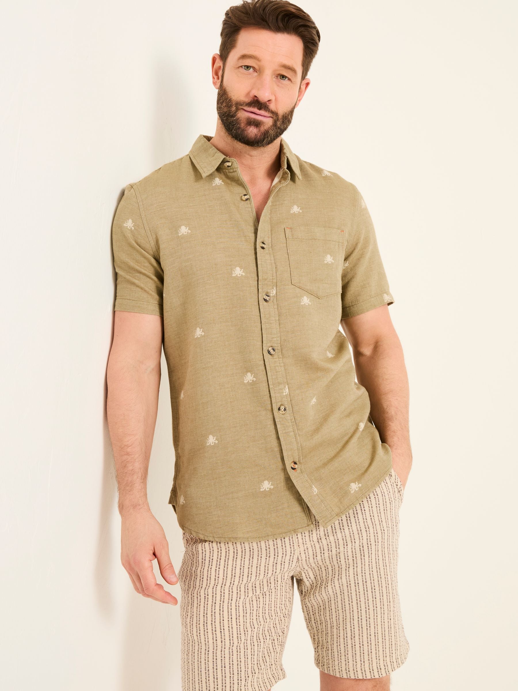 Khaki Green Short Sleeve Octopus Embroidered Shirt