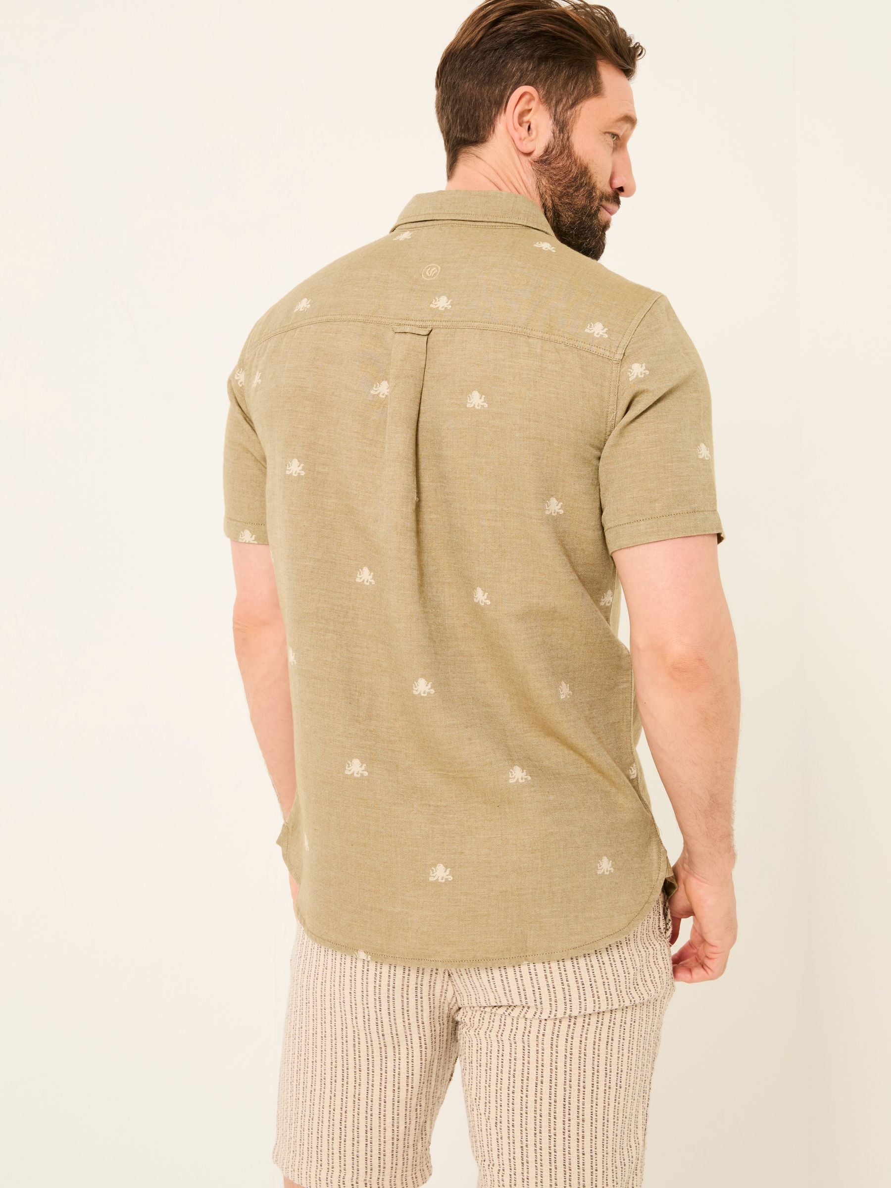 Khaki Green Short Sleeve Octopus Embroidered Shirt
