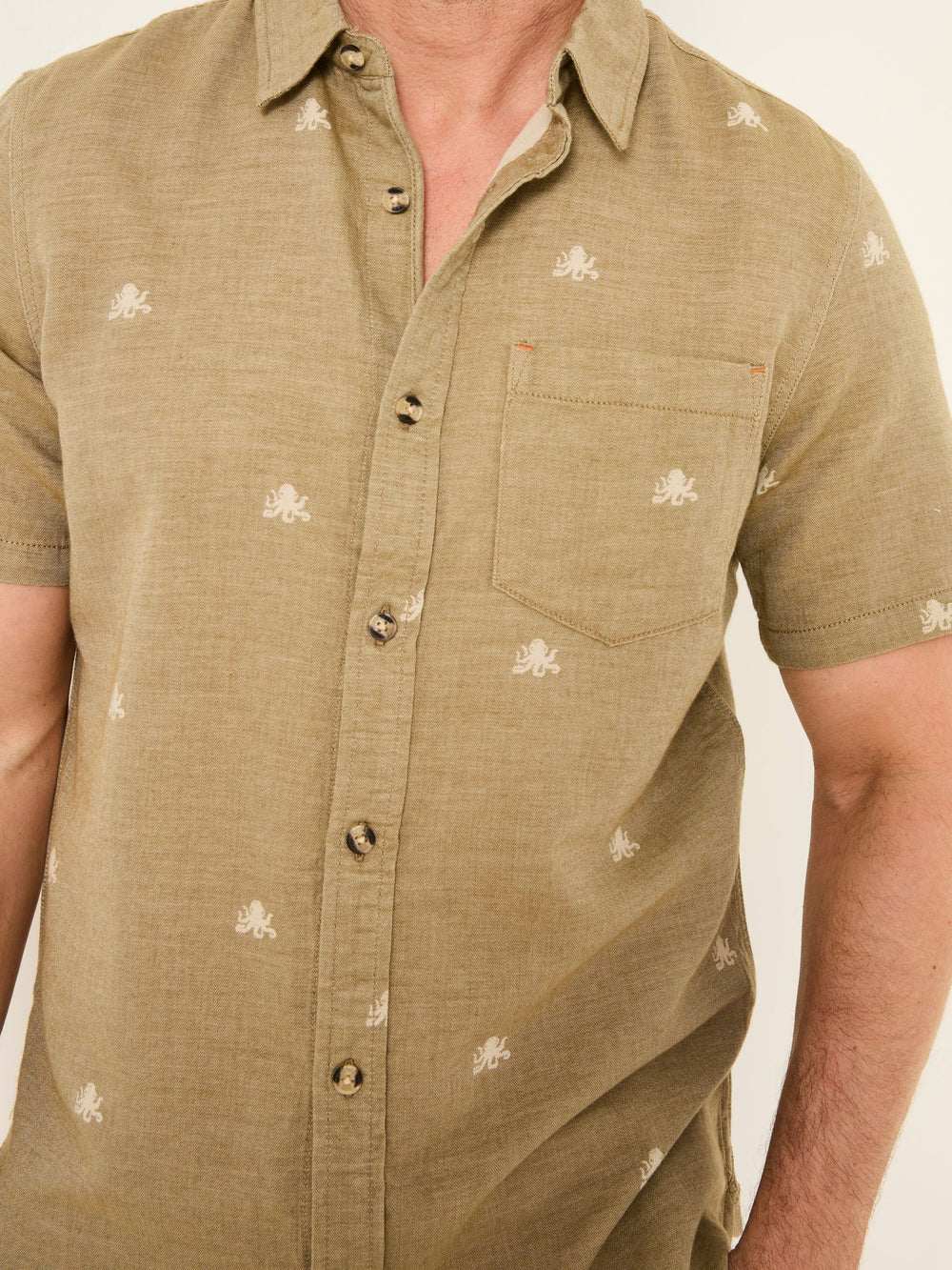 Khaki Green Short Sleeve Octopus Embroidered Shirt