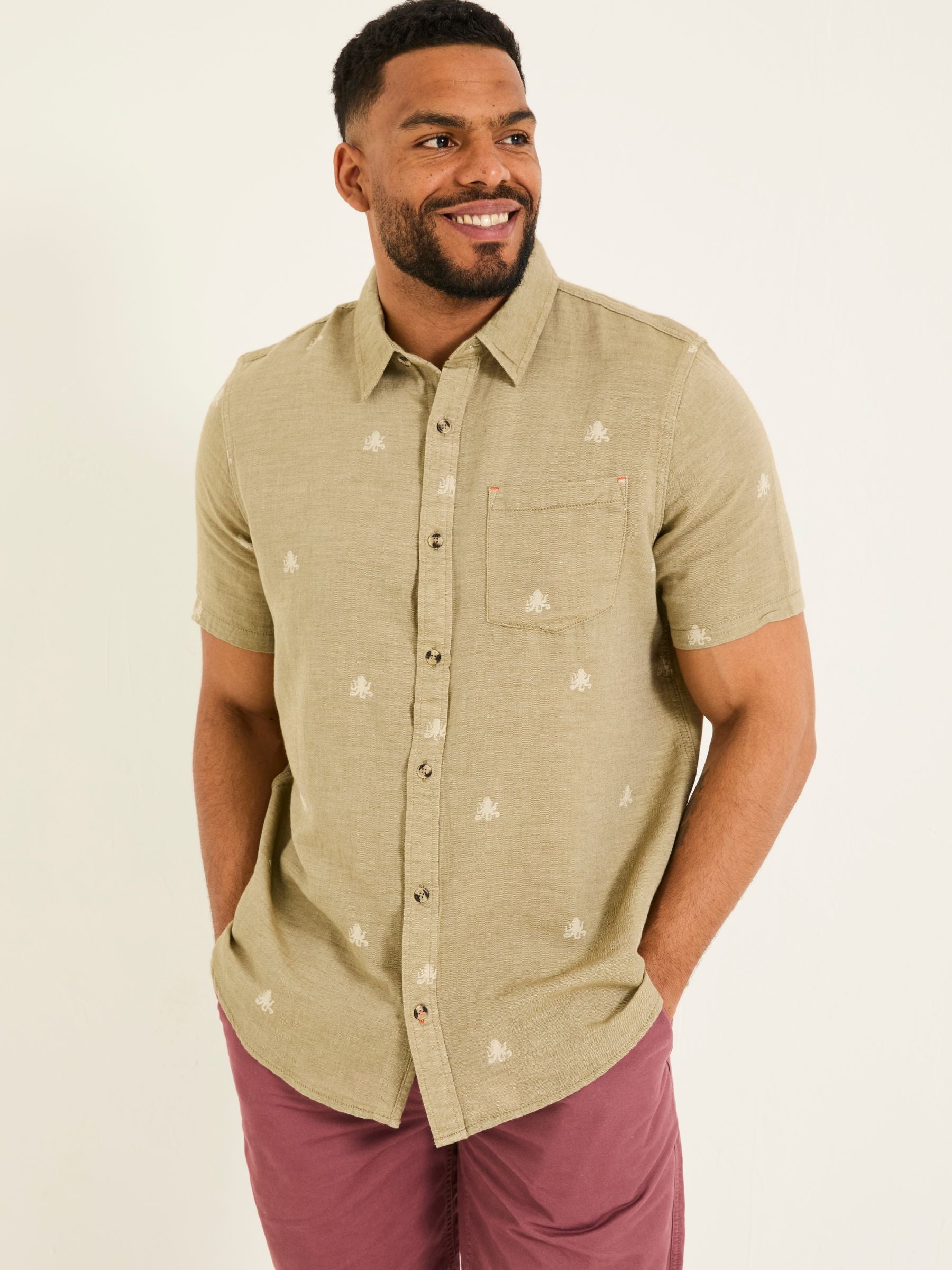 Khaki Green Short Sleeve Octopus Embroidered Shirt