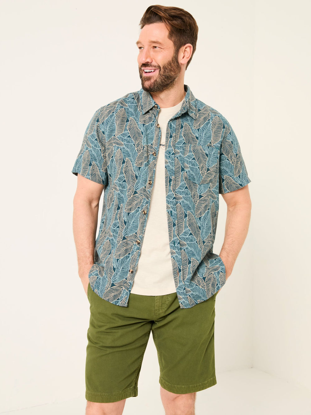 Teal Blue Short Sleeve Leaf Print Shirt