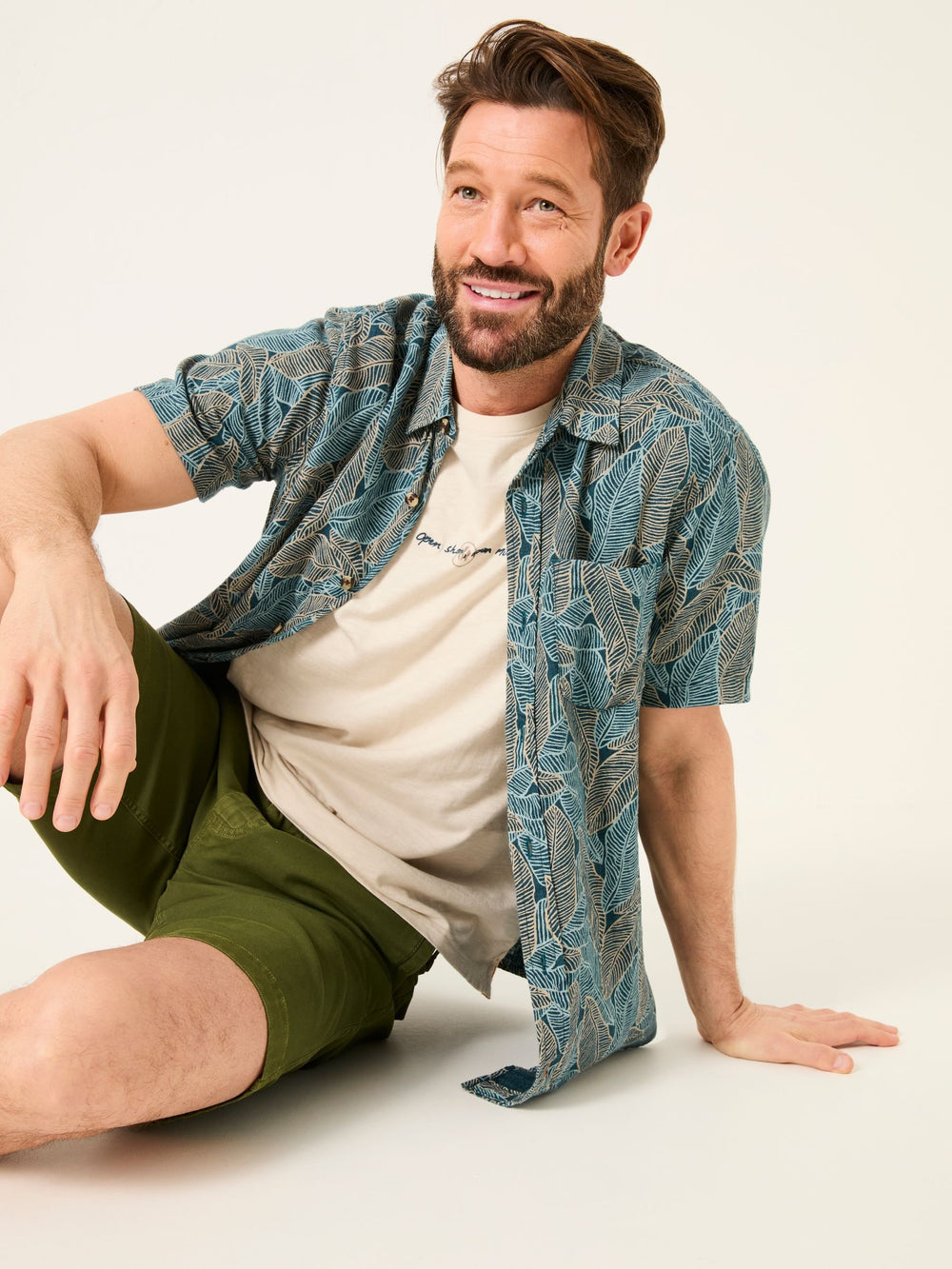 Teal Blue Short Sleeve Leaf Print Shirt