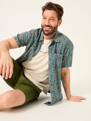Teal Blue Short Sleeve Leaf Print Shirt